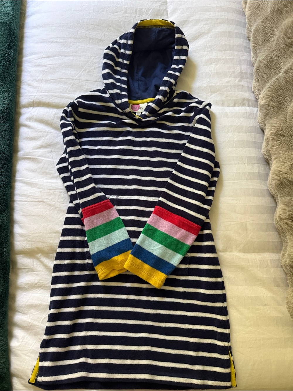 Girls Navy & White Stripe Hooded Tunic with Rainbow Cuffs- towel material
